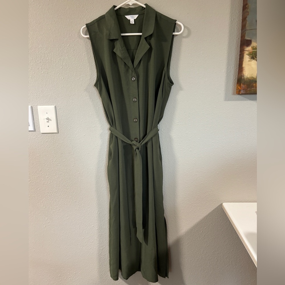Time and Tru Olive Green Dress With Belt, button up, Size 8/10